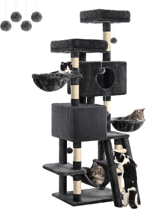 FourFurPets Árbol para Gatos, Altura 160 cm, Torre de Gatos, con 2 Plataformas, 2 Cuevas, 2 Cesta, Escaleras de Sisal, Hamaca, Pompón, Gris Antracita