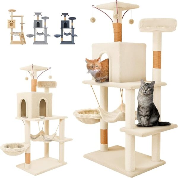 JUPPLIES Rascador para Gatos 143cm - Arbol Rascador para Gatos Estable de Varios Niveles - Arbol para Gatos de Actividades con 5 Plataformas, 3 nidos y 1 Casa para Gatos - Torre Gatos (Beige)