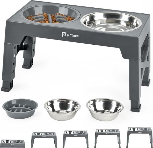 Petace Comedero Perro Elevado de 5 Alturas Ajustables, 2 X 1200ml Comedero Bebedero de Acero y 1 x 800ml Comedero Perro Antivoracidad, Comederos Elevados para Perros Pequeños, Medianos y Grandes, Nero