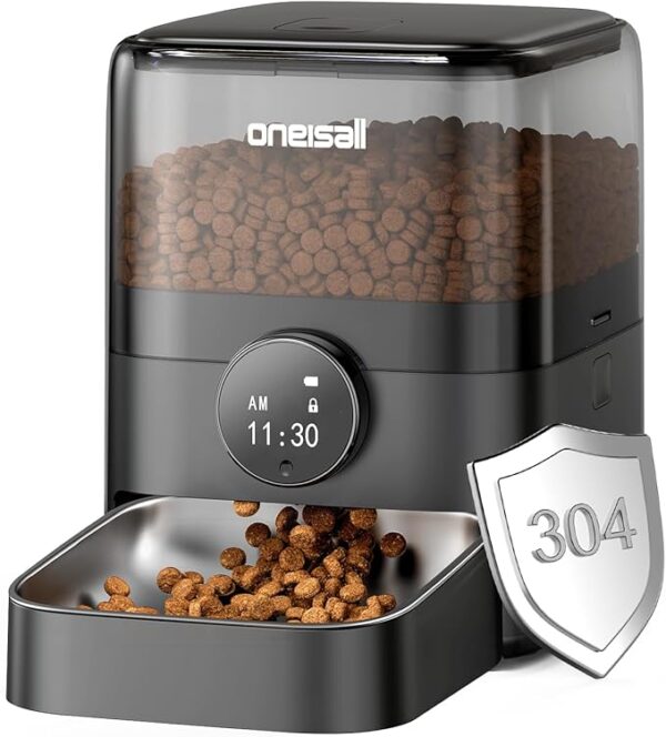 oneisall Comedero automático para Gatos, comedero para Gatos de 3L con Cuenco de Acero Inoxidable 304, 1-6 Comidas al día, dispensador de Comida Seca para Gatos/Perros, con Temporizador programable