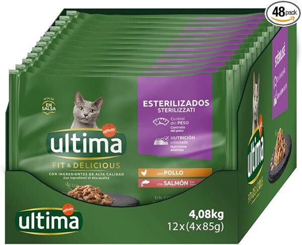 Ultima Comida Húmeda para Gatos con Pollo y Salmón, 4 x 85 gr x 12 (4.08 kg)