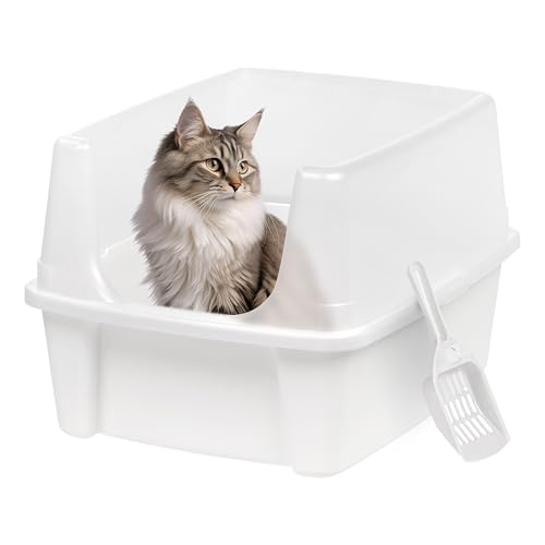 Caja de arena para gatos Iris Ohyama CLH-12 con pala, fácil limpieza y pared transparente, hasta 7 kg – Blanco, libre de BPA