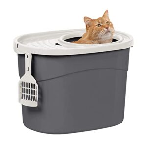 Iris Ohyama Arenero Cubierto para Gatos Grandes y Pequeños, con Pala – Caja de Arena Cerrada, Entrada Superior, Libre de BPA, 7kg, Gris/Blanco