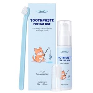 Kit de Cuidado Dental para Gatos Oivolii – Pasta de Dientes Sabor Atún 30g y 2 Cepillos para Higiene Bucal y Aliento Fresco