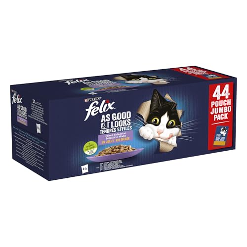 FELIX Fantastic Comida Húmeda para Gatos Adultos en Gelatina – Pack Surtido de 44 Sobres (Buey, Pollo, Salmón y Atún) 85g – Nutrición Completa y Equilibrada