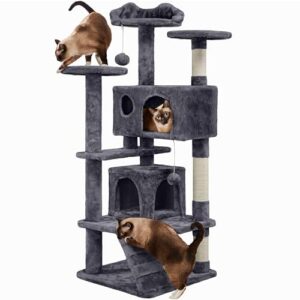 Yaheetech Árbol Rascador para Gatos de 139 cm con Plataformas, Nidos y Postes de Sisal – Torre de Escalada para 3-4 Gatos en Gris Oscuro