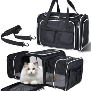 Transportín Gato Plegable Grande con Colchón Suave, Correa Ajustable y Ventilación Total – Ideal para Viajes en Coche y Avión (Negro)