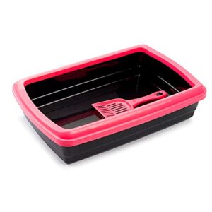 Arenero para Gatos Acan con Pala – Plástico Duradero, Fabricado en España, Tamaño Compacto 47x31x11 cm, Color Negro con Marco Rosa