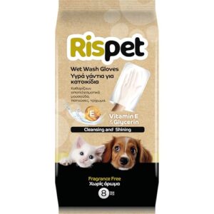 Rispet Toallitas de Guante Desinfectantes para Mascotas – 8 Guantes Desechables para Limpieza e Higiene de Perros y Gatos, Enriquecidos con Vitamina E y Glicerina, Suaves, Sin Perfume, pH Neutro