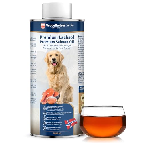 Veddelholzer Aceite de Salmón para Perros 1 Litro – Omega 3 y Vitamina E, Lata Reciclable, Cuidado del Pelaje y Refuerzo Inmunitario