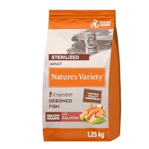 Nature’s Variety Healthy Grains Pienso para Gatos Esterilizados con Salmón Noruego 1,25kg – Alimento Completo para Peso Saludable, Pelaje Brillante y Sistema Inmunitario Fuerte