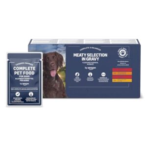 by Amazon Alimento Completo para Perros Adultos en Salsa – 48 Bolsitas Variadas (4,8kg), Carne, Pollo, Verduras y Más – Nutrición Equilibrada y Fácil Digestión