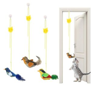 Juguetes Interactivos para Gatos de Interior – Set de 3 Colgantes para Puerta con Pajaro Volador, Correa Ajustable y Fácil Instalación