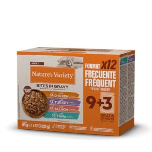 Nature’s Variety Bocaditos en Salsa para Gatos Adultos – Comida Húmeda Natural Multisabor 12x85g sin Colorantes ni Conservantes