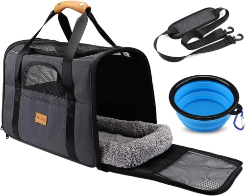 Transportín para Perros y Gatos Morpilot – Bolso Transpirable de Viaje con Correa Ajustable, Colchón Suave y Tazón Plegable, 17.3 x 12.2 x 13.4 Inch