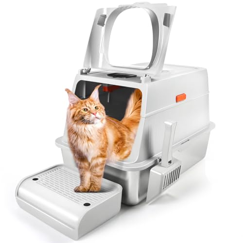 Arenero XXL de Acero Inoxidable para Gatos Bartuke - Caja de Arena Grande, Cubierta 3 en 1, Fácil de Limpiar y Anti-Fugas (Gris Claro)