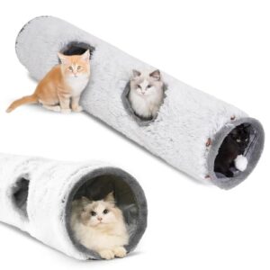 One PETS-TOP Túnel para Gatos de Interior XXL Plegable, Tubo de Juguete Gris Perla con Múltiples Entradas y Bola Colgante, Velvet Artic, 120×25 cm