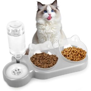 Comedero y Bebedero Gato 3 en 1 TNOMSNO con Inclinación 15°, Doble Cuenco Rotatorio y Dispensador de Agua, Gris – Alimentación Saludable y Cómoda para Gatos y Mascotas Pequeñas