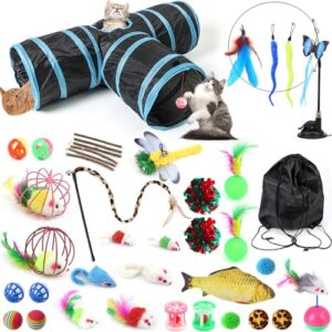 Túnel para Gatos 3 Vías con Juguetes Interactivos, Plegable y Resistente – Set 39 Piezas para Gatos, Conejos y Mascotas Pequeñas