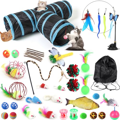 Túnel para Gatos 3 Vías con Juguetes Interactivos, Plegable y Resistente – Set 39 Piezas para Gatos, Conejos y Mascotas Pequeñas