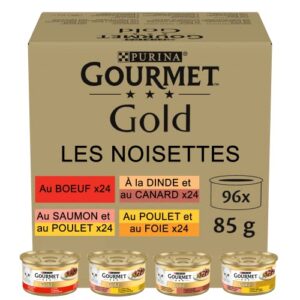 GOURMET Gold Bocaditos en Salsa – Comida Húmeda para Gato Adulto, Surtido de Carnes y Pescado, Pack de 96 Latas